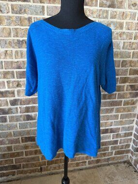 Eileen Fisher knitted short sleeve top blue color size medium cotton linen blend